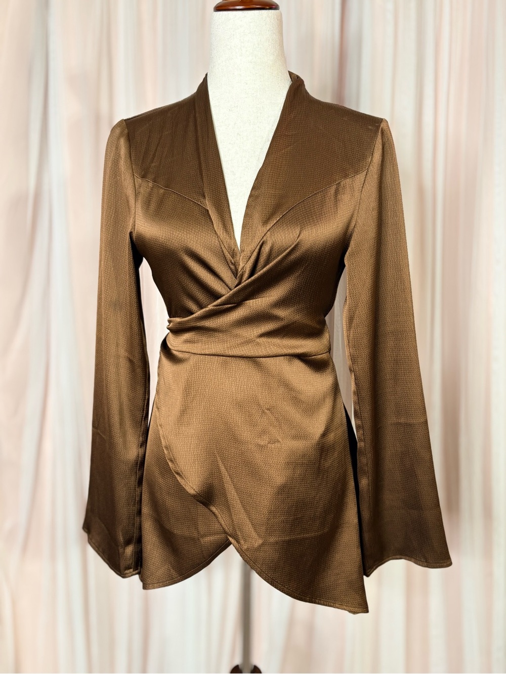 Free People Wrap-Front Satin Blouse in Bronze